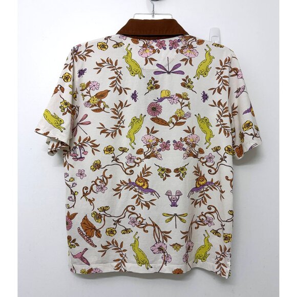 Tory Burch Ivory Rabbit Field Printed Mercerized Polo T Shirt Floral Bunny M - Picture 9 of 15